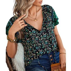 Boho Floral V Neck Top Sizes S-XL Black W/Blue & Green Flowers Short Sleeve
